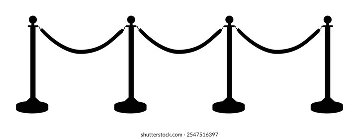 Silhueta vetor preto de Stanchions com cordas de veludo. Tapete Vermelho Elegante. Isolado em um Plano de Fundo Branco para Eventos VIP.