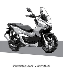 silhouette black and white adventure scooter matic bike and motorcycle vector. this image suitable for touring, riding, automotive, transportation event, community and logo.