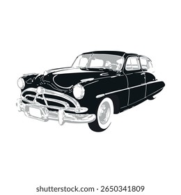Silhouette of a black and white car. Retro car, logo