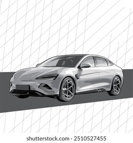 silhouette black and white electric sedan vehicle vector. this image suitable for automotive, race, battery, electric car, community, event and logo.