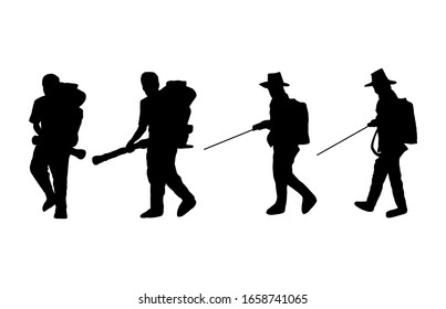 silhouette black and white Farmers treating plants with fertilizer sprayer