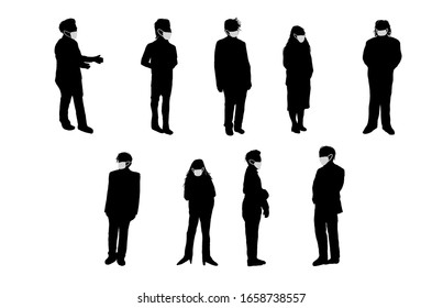 silhouette black and white group of people wearing a mask to protect from virus