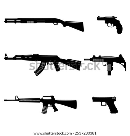 Silhouette black and white illustrations of various firearms including rifles, shotguns, pistols, and submachine guns. For military, law enforcement, tactical, or security-themed projects.