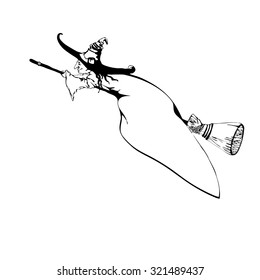 Silhouette black and white image of Halloween witch. Witch icon on white background. Vector witch on broom hand drawn image. Halloween poster, banner, background, attributes
