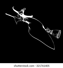 Silhouette black and white image of Halloween witch. Witch painted by chalk on blackboard. Vector witch on broom hand drawn image. Halloween poster, banner, background, attribute