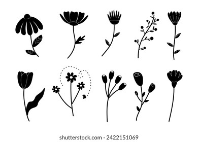 Montaje de flores en blanco y negro de silueta, primavera, pintado a mano. Para tarjetas de decoración, invitaciones de boda, tu diseño