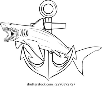 silhouette Black White Shark With Anchor Vector