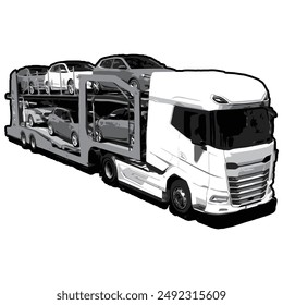 Silhouette black and white truck carying car trailer vector. This Image suitable for automotive, community and logo.