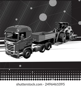 silhouette black and white truck carying heavy duty bulldozer trailer vector. this image suitable for automotive, delivery, community and event logo.