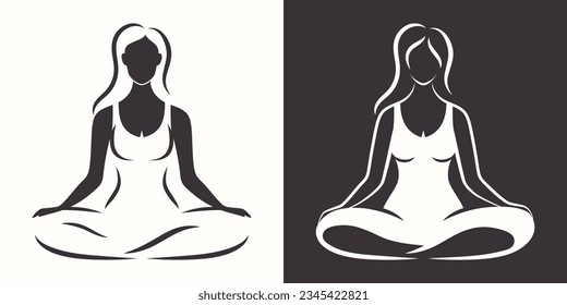 Silhouette Black and White Vector Illustration of a Girl Doing Yoga in Lotus Pose. Design Template for Fitness Club Logo, Label, Company Badge. Cutout Style