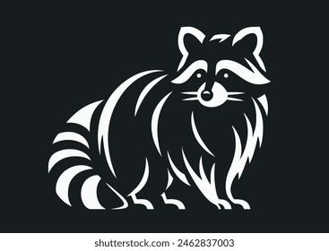 Silhouette Schwarz-Weiß-Vektorillustration des nordamerikanischen Waschbären. Piktogramm, Etikett, Abzeichen, Emblem, Aufkleber, Symbol, Symbol, Logo, Clipart. Brande von Pelzfarmen, die Waschbären züchten