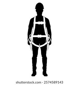 Silhouette, black and white of worker with full body safety harness for fall protection gear. Work at height standard.