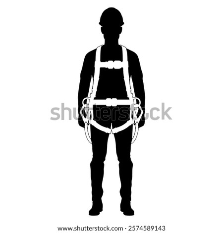 Silhouette, black and white of worker with full body safety harness for fall protection gear. Work at height standard.