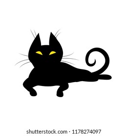 Silhouette of black witch cat with yellow eyes. Cute lying witch cat with long whiskers. Vector illustration.