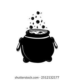 Silhouette of a Black witch's cauldron with boiling Halloween potion on a white background. For stickers, signage, postcards, backgrounds, vector design.