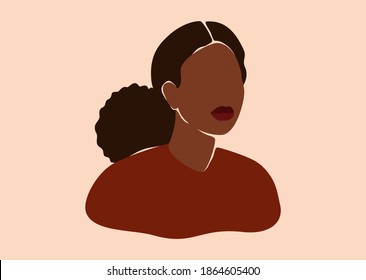 Silhouette of Black woman with curly hair in a bun. Confident young female with dark brown skin portrait in earth colors. Vector illustration for International Women's Day and Mother's day. 