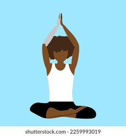 Silhouette de una mujer negra discapacitada sentada en posición de yoga kriya con las manos encima de tu cabeza. Banner del sitio web de la escuela de yoga con asana