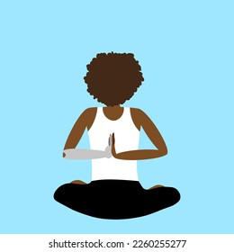 Silhouette einer schwarzen Frau mit Behinderungen sitzen in Kriya Yoga Position mit Händen hinter ihrem Rücken. Website-Banner für Yogaschule mit Asana