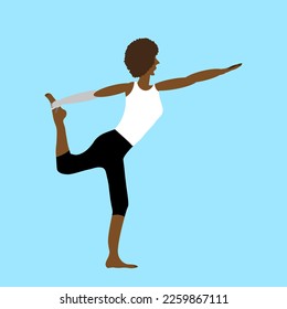 Silhouette of a black woman with disabilities stands in yoga position. Website banner for yoga school with asana