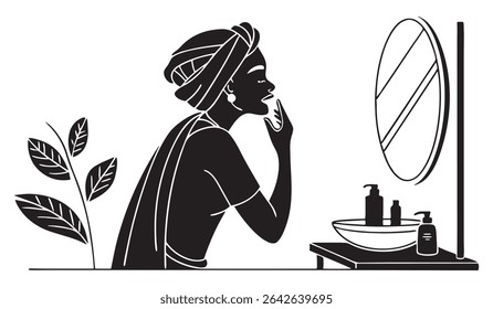Silhouette of a Black woman in a head wrap applying skincare products in front of a mirror.  Simple, elegant design ideal for beauty, skincare, and self-care related projects.