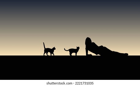 Silhouette black woman resting with cat on dark background. Vector illustration.
