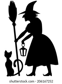  Silhouette black-and-white image of scary witch holding a broom and a black cat