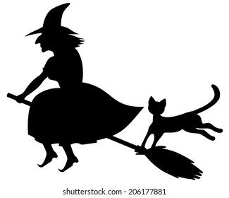  Silhouette black-and-white image of scary witch flaying on a broom and a black cat