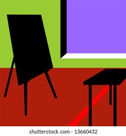 silhouette of a blackboard and bench in a classroom	