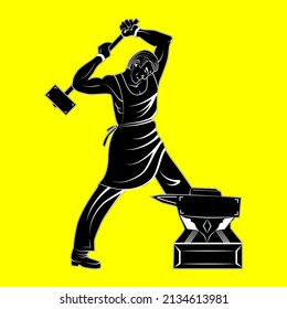 Silhouette of blacksmith with a hammer hits the anvil. Logo emblem for the company. Vector illustration.