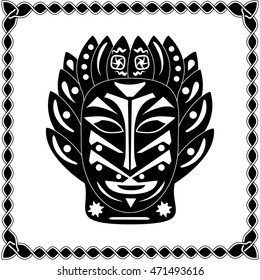 Silhouette black-white mask shaman Native American, Australian Aboriginal or African tribes in the frame boundary in the form of an ancient traditional pattern, ornament
