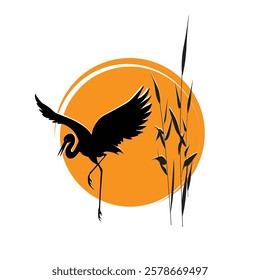 Silhouette of a blast off bird heron bird near cane stems against an orange sun circle. Vector graphic drawing isolated on white background for printing on clothes, ceramics or for logo, sign, emblem.