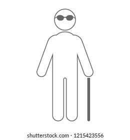Silhouette of blind person with sunglasses and walking stick. Outline. Vector.