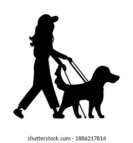 Silhouette blind woman with stick walks beside guide dog leads. Retriever and human isolated on white background. Design for poster, banner, flyer, web, mockup, business, company, sign.