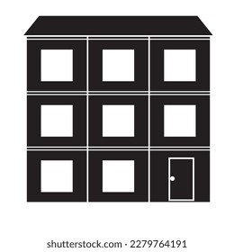 Silhouette of a block three-story house with windows along the facade and an entrance door