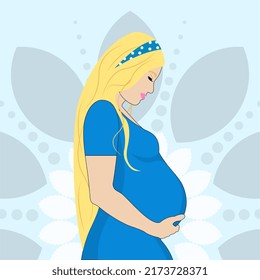 Silhouette of blond pregnant woman on mandala background. Flat character