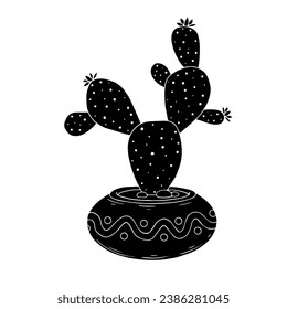 Silhouette of a blooming cactus in a flower pot. Vector graphics.