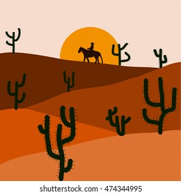 Silhouette of blooming cactuses and western desert on the background of pink sky.