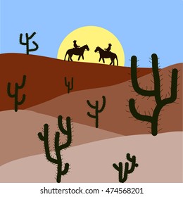 Silhouette of blooming cactuses and western desert on the background of light blue sky.