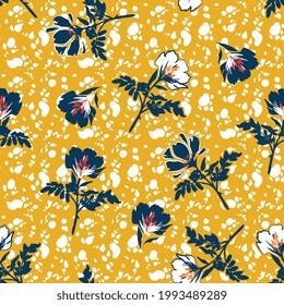 Silhouette of blooming flower white and blue on Yellow Batik texture background seamless pattern vector EPS10 ,Design for fashion , fabric, textile, wallpaper, cover, web , wrapping and all prints 