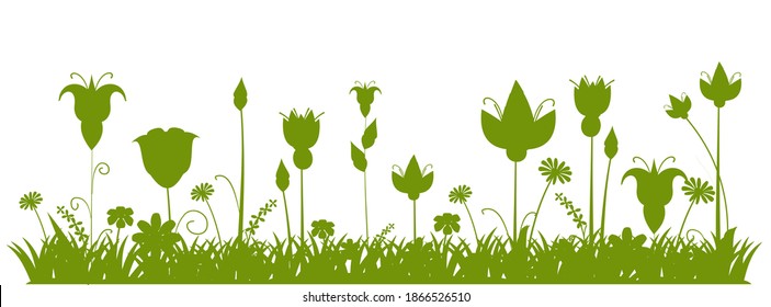 Silhouette of a blooming meadow with grass, flowers. Green landscape. Cartoon style. Fabulous illustration. Background image isolated on white. Beautiful natural view. Wild plants. Rural scene. Vector