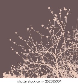 Silhouette of blooming tree branches, chocolate hues. Vector background