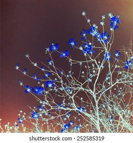 Silhouette of blooming tree branches, inverted hues. Vector background