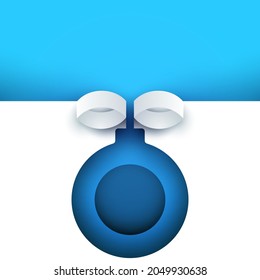 Silhouette of blue ball toy modern paper cut style. Holiday abstract background. Minimalistic christmas art composition. Template design for banner, card, cover. Vector cartoon illustration.
