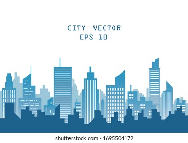 silhouette blue city building in flat illustration vector, urban cityscape design for background 