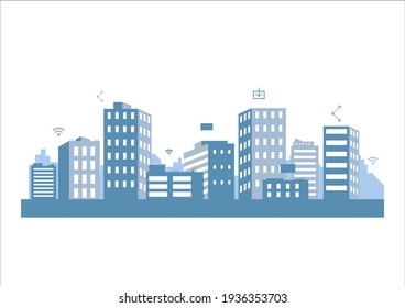 silhouette blue city building in flat illustration vector, urban cityscape design for background - Shutterstock ID 1936353703