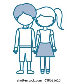 silhouette blue color sections faceless couple children with taken hands vector illustration