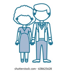 silhouette blue color sections faceless curly couple taken hands vector illustration
