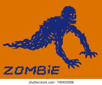 Silhouette of a blue crawling zombie with their legs torn off. Vector illustration. Drawing scary concept. The horror genre. Orange color background.