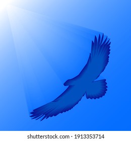 Silhouette of a blue eagle flying in the sky against a sun background. Emblem. Vector illustration.