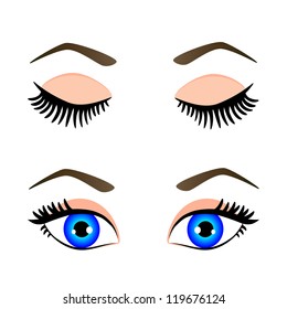 silhouette of blue eyes and eyebrow open and closed, vector illustration